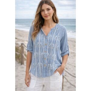 Fenn Wright Manson Blue Embroidered Roll Tab Sleeve Boho Blouse L